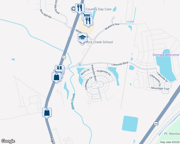 map of restaurants, bars, coffee shops, grocery stores, and more near 108 Birch Circle in Savannah