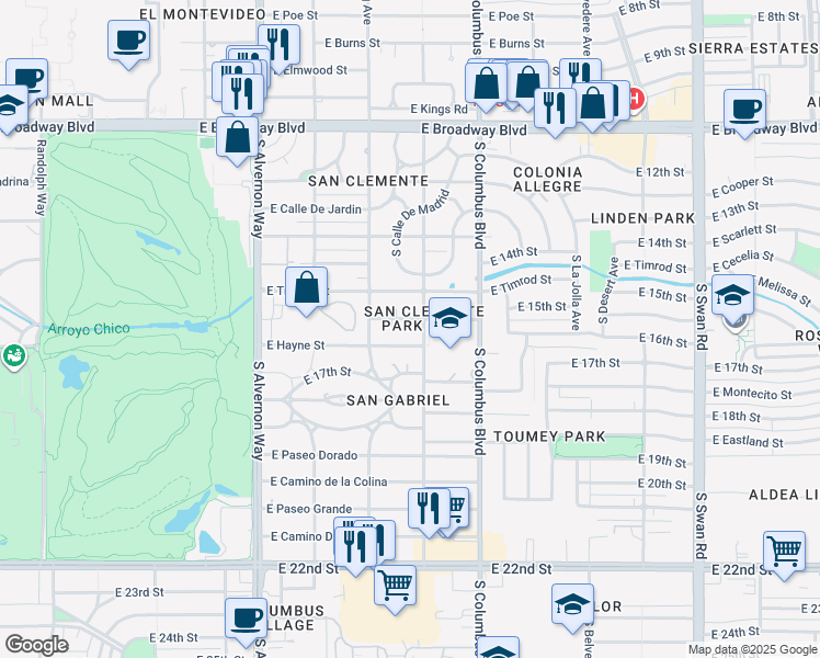 map of restaurants, bars, coffee shops, grocery stores, and more near 4129 East Brown Way in Tucson