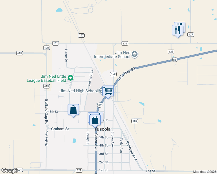 map of restaurants, bars, coffee shops, grocery stores, and more near 846 Garza Avenue in Tuscola
