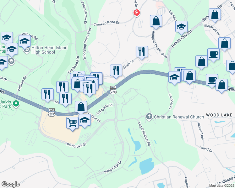 map of restaurants, bars, coffee shops, grocery stores, and more near 4 Indigo Run Drive in Hilton Head Island