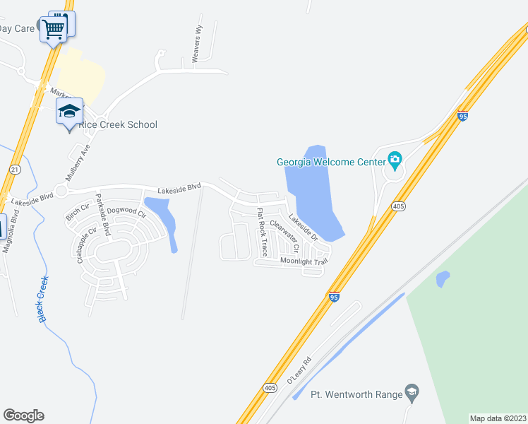 map of restaurants, bars, coffee shops, grocery stores, and more near 502 Lakeside Boulevard in Port Wentworth