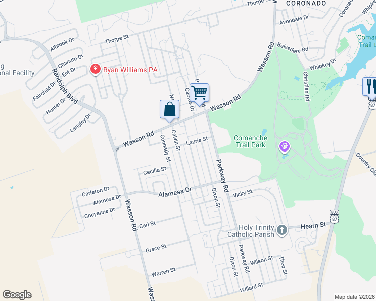 map of restaurants, bars, coffee shops, grocery stores, and more near 1744-1792 Laurie Street in Big Spring