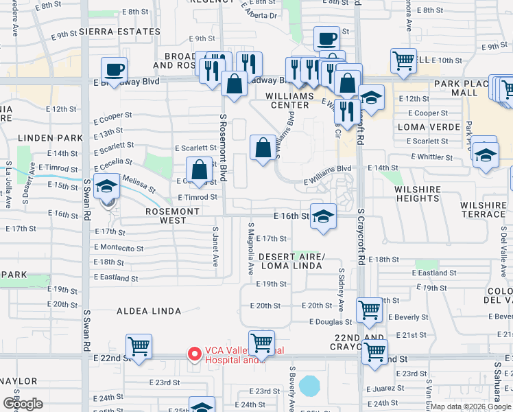 map of restaurants, bars, coffee shops, grocery stores, and more near 5203 East Timrod Street in Tucson