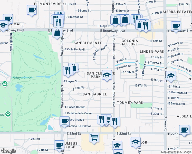 map of restaurants, bars, coffee shops, grocery stores, and more near 4129 East Brown Way in Tucson