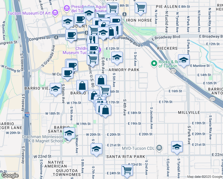 map of restaurants, bars, coffee shops, grocery stores, and more near 515 South 5th Avenue in Tucson