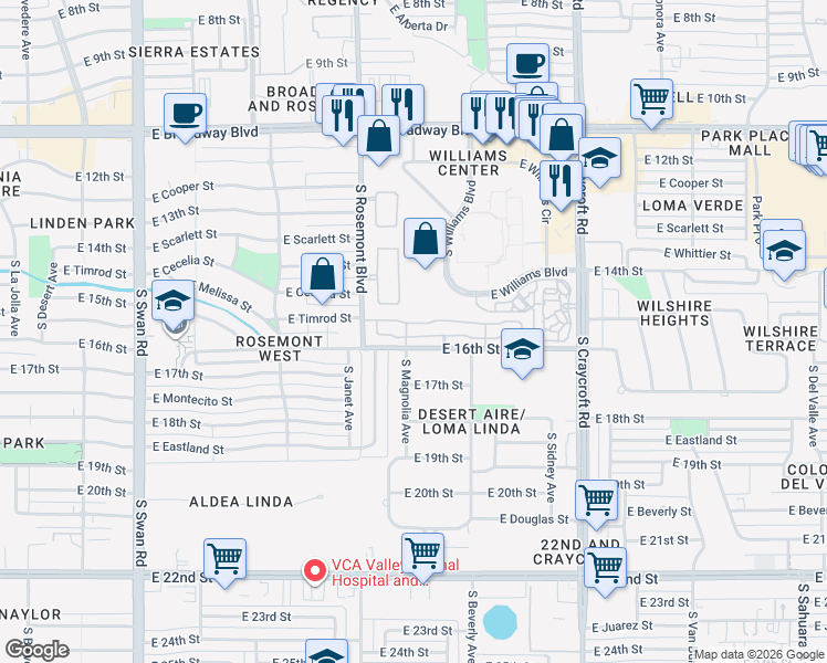map of restaurants, bars, coffee shops, grocery stores, and more near 5189 East Calle Vista De Colores in Tucson