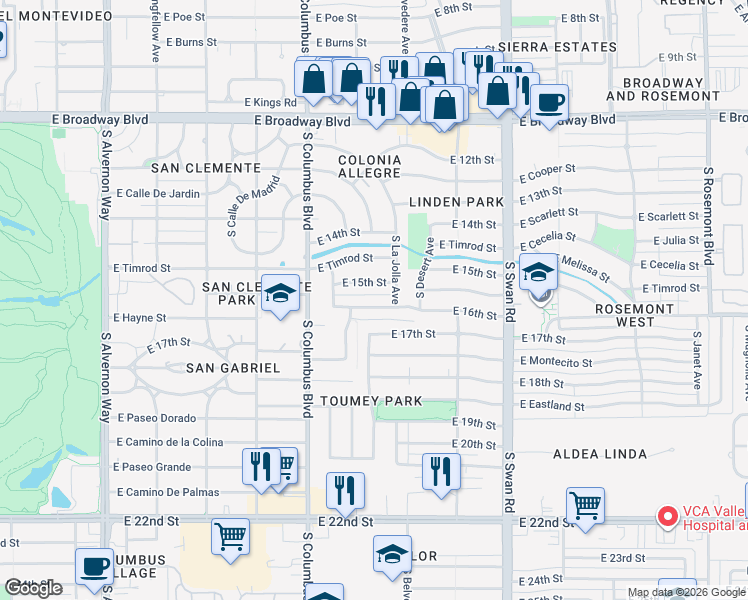 map of restaurants, bars, coffee shops, grocery stores, and more near 4432 East 15th Street in Tucson
