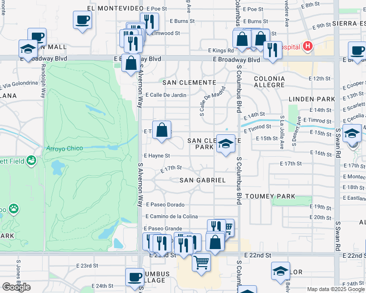 map of restaurants, bars, coffee shops, grocery stores, and more near 3940 East Timrod Street in Tucson