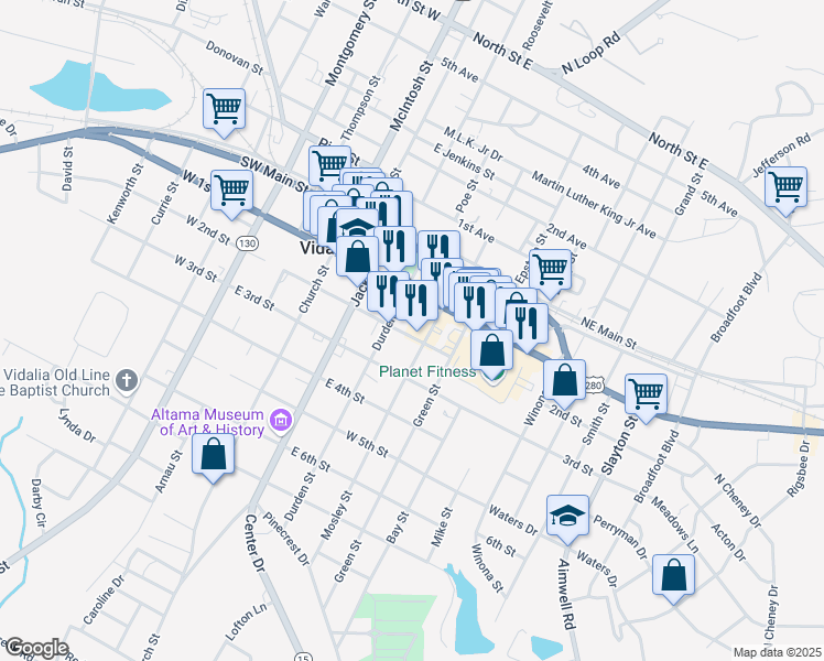 map of restaurants, bars, coffee shops, grocery stores, and more near 304 2nd Street in Vidalia