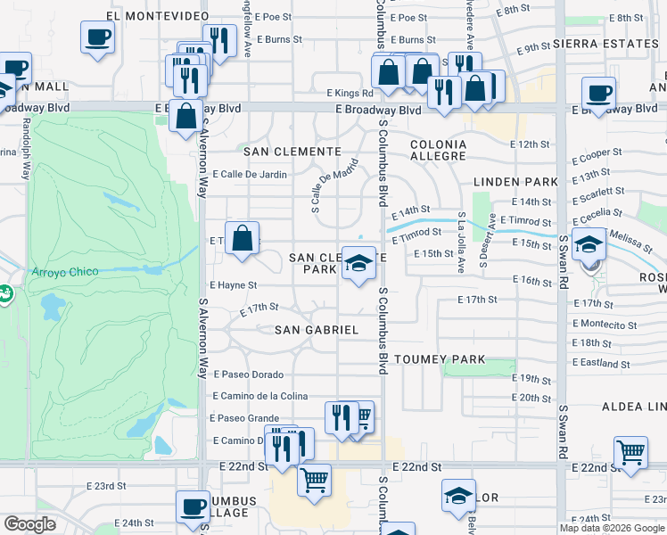 map of restaurants, bars, coffee shops, grocery stores, and more near 4129 East Brown Way in Tucson