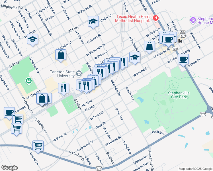 map of restaurants, bars, coffee shops, grocery stores, and more near 1165 West Washington Street in Stephenville
