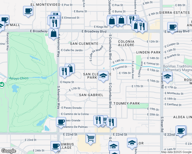 map of restaurants, bars, coffee shops, grocery stores, and more near 4129 East Brown Way in Tucson
