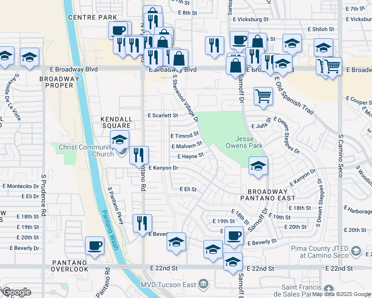 map of restaurants, bars, coffee shops, grocery stores, and more near 8052 East Malvern Street in Tucson