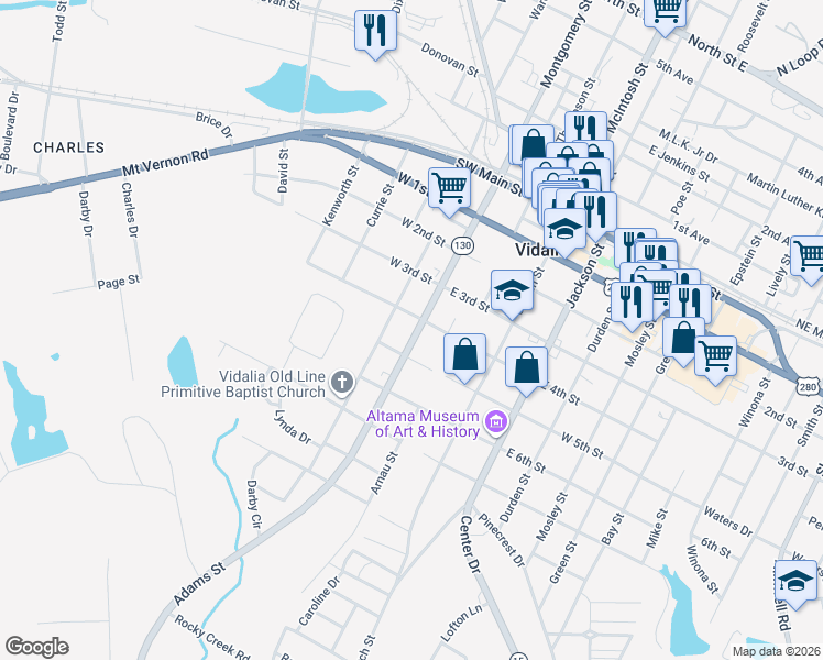 map of restaurants, bars, coffee shops, grocery stores, and more near 502 Vann Street in Vidalia