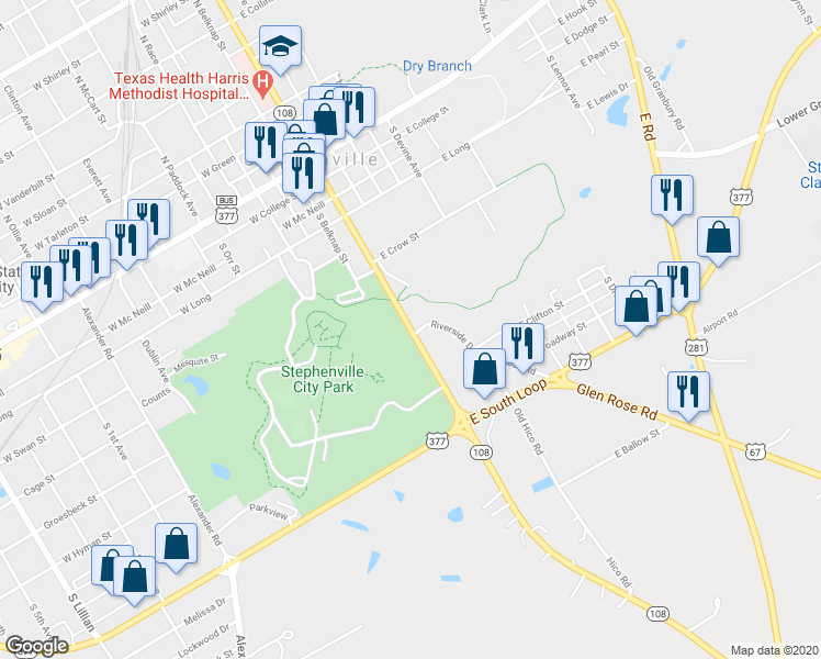 map of restaurants, bars, coffee shops, grocery stores, and more near 705 South Graham Avenue in Stephenville