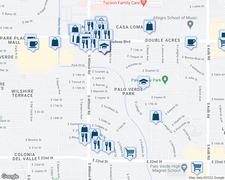 map of restaurants, bars, coffee shops, grocery stores, and more near 418 South Grinnell Avenue in Tucson