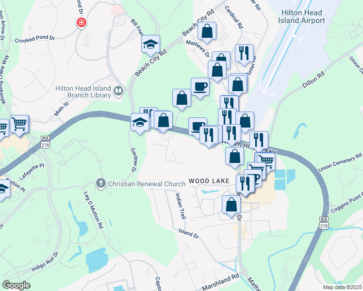 map of restaurants, bars, coffee shops, grocery stores, and more near 400 William Hilton Parkway in Hilton Head Island