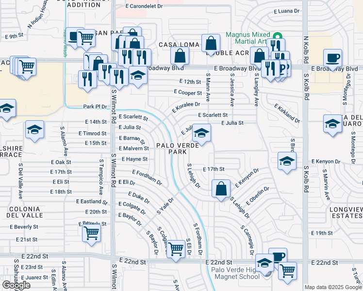 map of restaurants, bars, coffee shops, grocery stores, and more near 6611 East Lehigh Drive in Tucson