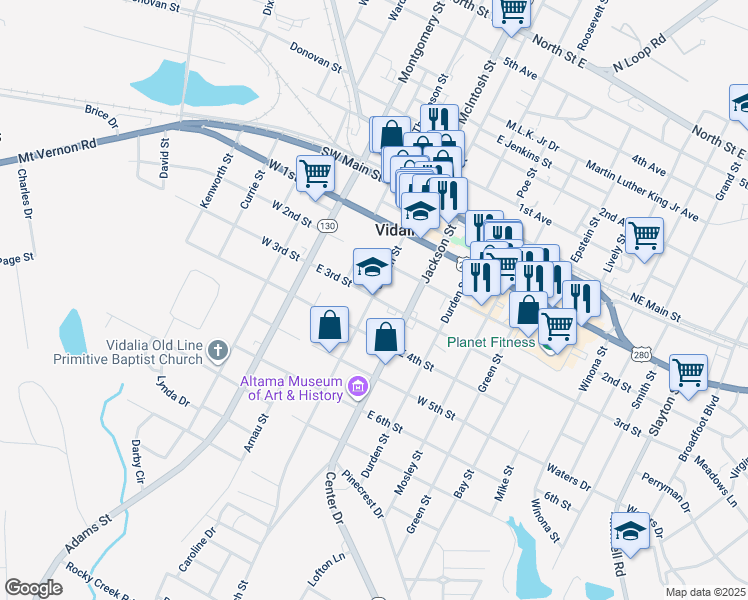 map of restaurants, bars, coffee shops, grocery stores, and more near in Vidalia