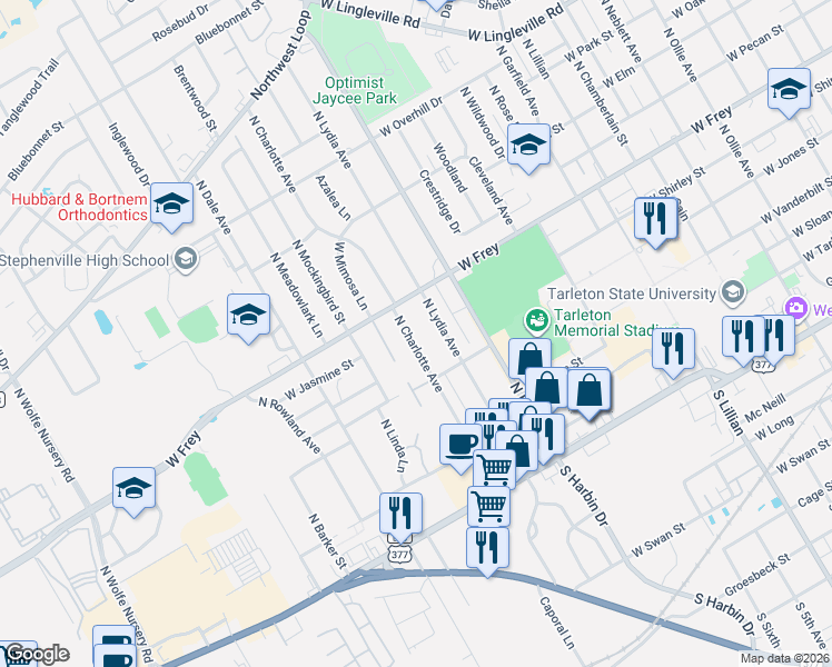 map of restaurants, bars, coffee shops, grocery stores, and more near 860 North Lydia Avenue in Stephenville
