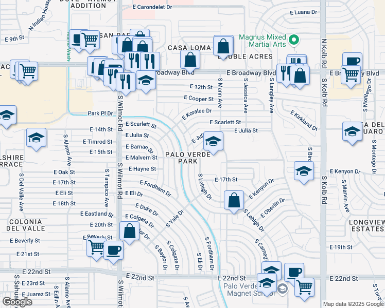 map of restaurants, bars, coffee shops, grocery stores, and more near 6611 East Lehigh Drive in Tucson
