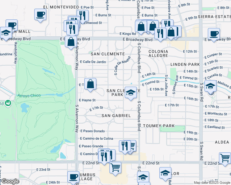 map of restaurants, bars, coffee shops, grocery stores, and more near 4129 East Brown Way in Tucson