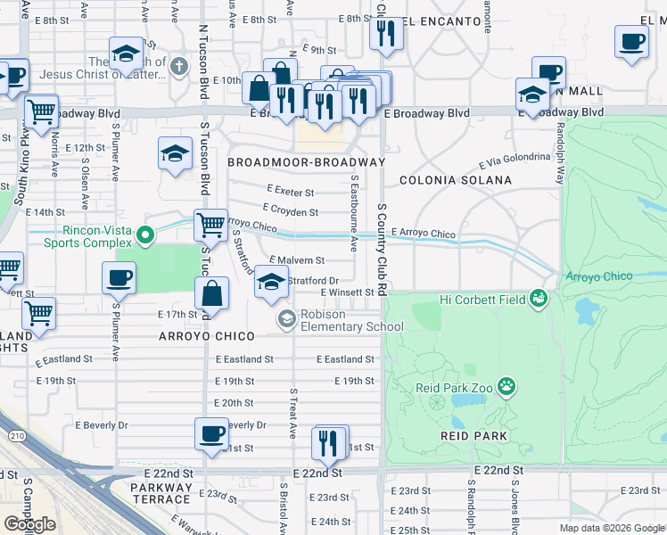 map of restaurants, bars, coffee shops, grocery stores, and more near 2841 East Malvern Street in Tucson