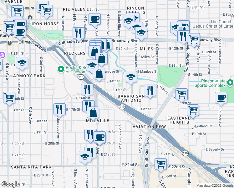 map of restaurants, bars, coffee shops, grocery stores, and more near 605 South Star Avenue in Tucson