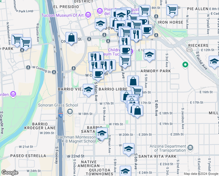 map of restaurants, bars, coffee shops, grocery stores, and more near 447 South Meyer Avenue in Tucson