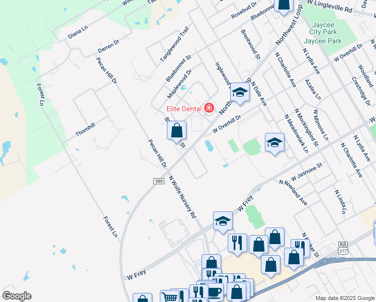 map of restaurants, bars, coffee shops, grocery stores, and more near 1359 Northwest Loop in Stephenville