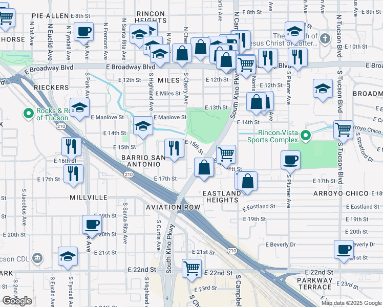map of restaurants, bars, coffee shops, grocery stores, and more near 585 South Cherry Avenue in Tucson