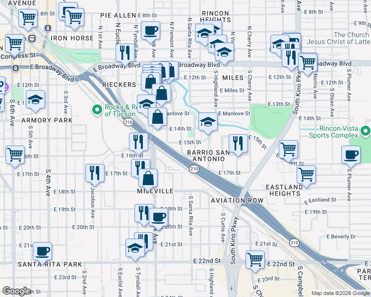 map of restaurants, bars, coffee shops, grocery stores, and more near 605 South Star Avenue in Tucson