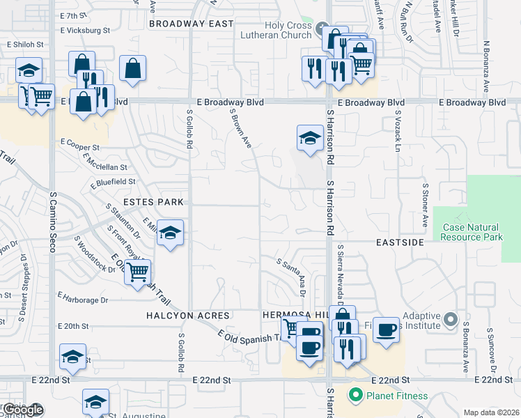 map of restaurants, bars, coffee shops, grocery stores, and more near 434 South Brown Avenue in Tucson