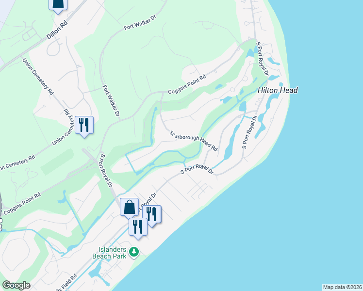 map of restaurants, bars, coffee shops, grocery stores, and more near 24 Scarborough Head Road in Hilton Head Island