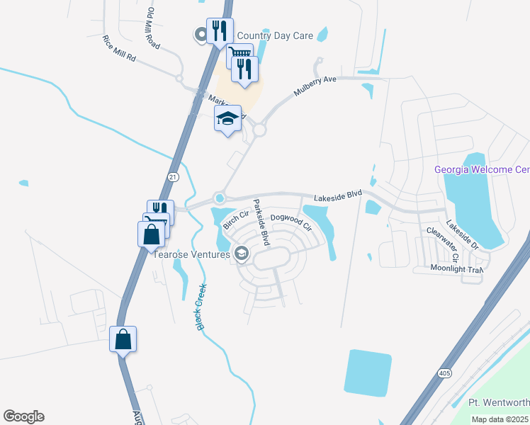 map of restaurants, bars, coffee shops, grocery stores, and more near 3 Parkside Boulevard in Port Wentworth