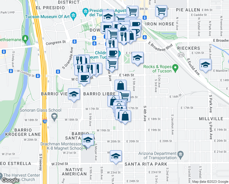 map of restaurants, bars, coffee shops, grocery stores, and more near 485 South Stone Avenue in Tucson