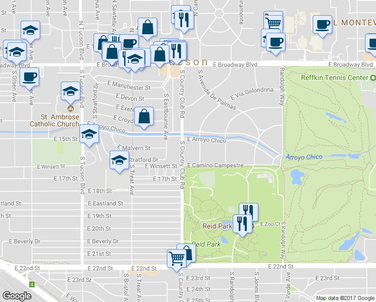 map of restaurants, bars, coffee shops, grocery stores, and more near 555 South Country Club Road in Tucson