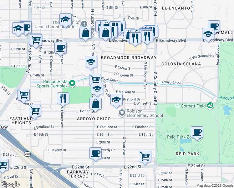 map of restaurants, bars, coffee shops, grocery stores, and more near 2634 East Malvern Street in Tucson
