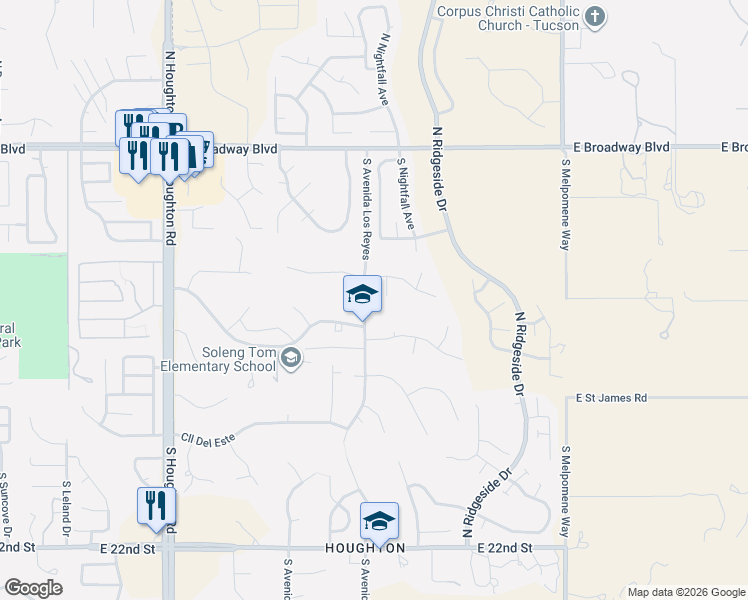 map of restaurants, bars, coffee shops, grocery stores, and more near 10682 East Placita Los Reyes in Tucson