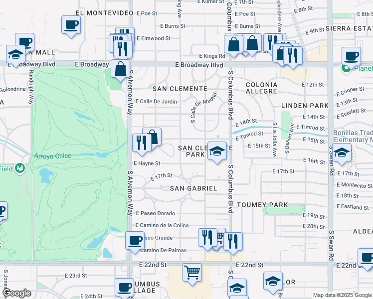 map of restaurants, bars, coffee shops, grocery stores, and more near 4129 East Brown Way in Tucson