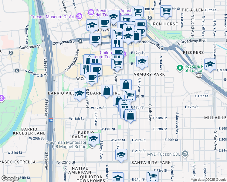 map of restaurants, bars, coffee shops, grocery stores, and more near 29 West Kennedy Street in Tucson