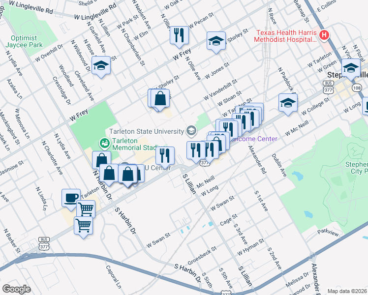 map of restaurants, bars, coffee shops, grocery stores, and more near 1333 West Washington Street in Stephenville