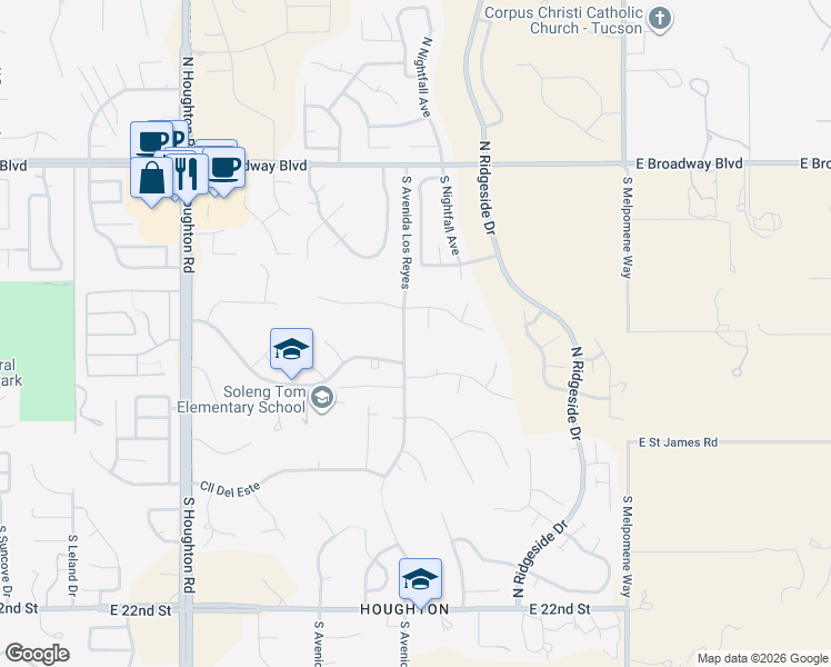 map of restaurants, bars, coffee shops, grocery stores, and more near 10682 East Placita Los Reyes in Tucson