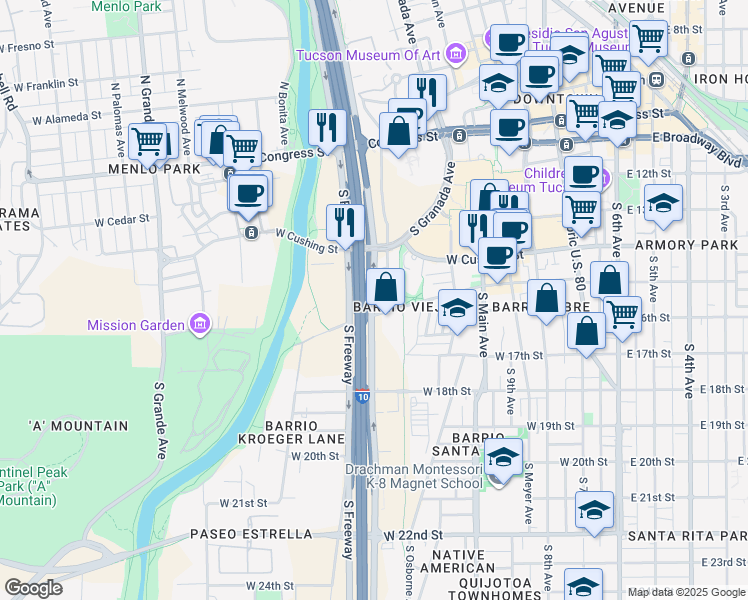 map of restaurants, bars, coffee shops, grocery stores, and more near 625 West Peak Street in Tucson