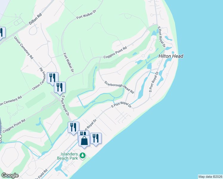 map of restaurants, bars, coffee shops, grocery stores, and more near 24 Scarborough Head Road in Hilton Head Island