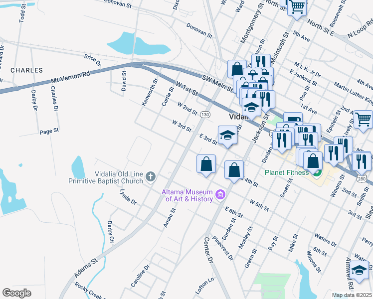map of restaurants, bars, coffee shops, grocery stores, and more near 301 Adams Street in Vidalia