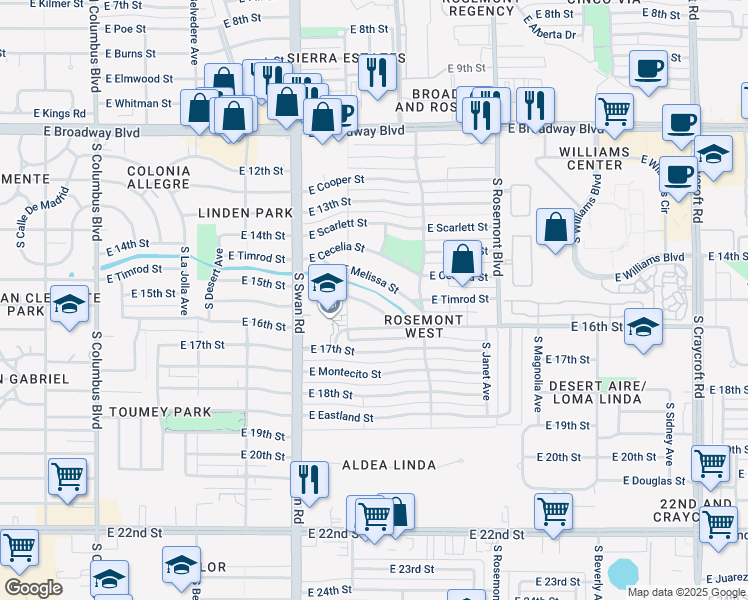 map of restaurants, bars, coffee shops, grocery stores, and more near 4829 East Paseo Luisa in Tucson