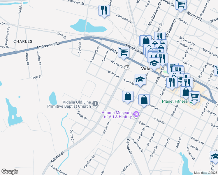map of restaurants, bars, coffee shops, grocery stores, and more near 502 Vann Street in Vidalia