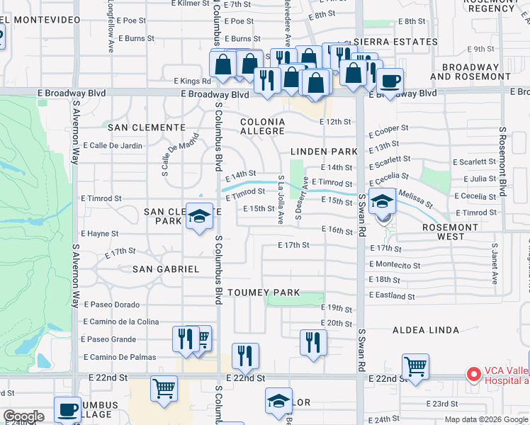 map of restaurants, bars, coffee shops, grocery stores, and more near 4432 East 15th Street in Tucson