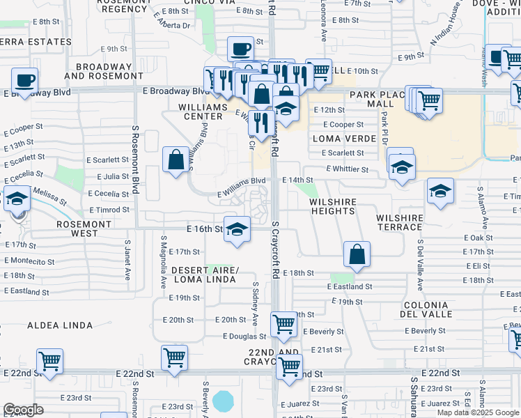 map of restaurants, bars, coffee shops, grocery stores, and more near 5400 East Williams Boulevard in Tucson